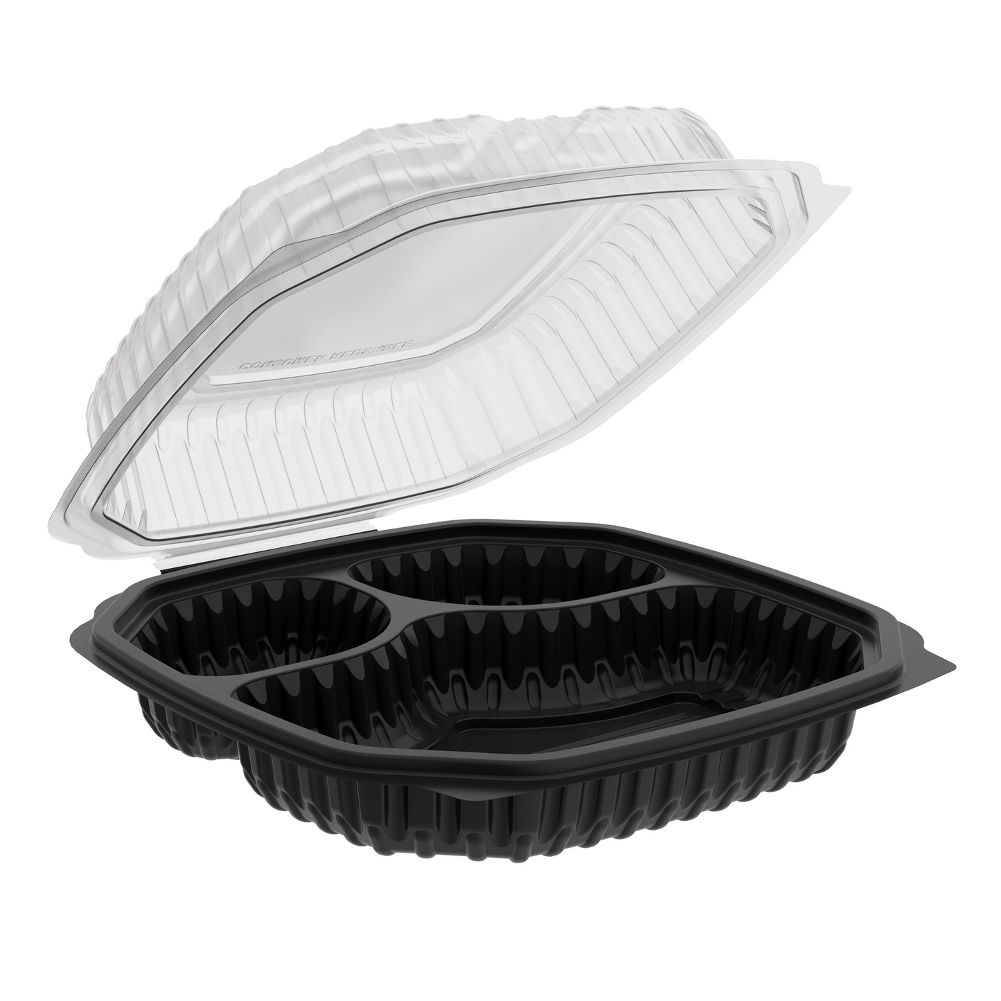 Culinary Lites Black / Clear 9" x 9" Hinged 3-Comp Container