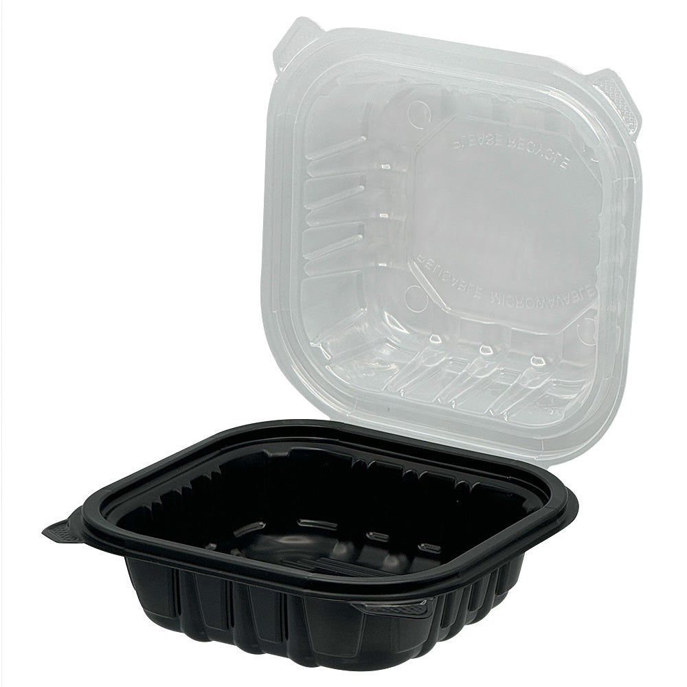 PP Hinged Container Black/Clear Lid 6" x 6" x 3.25" , Vented