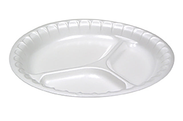 9" White Foam 3-Compartment Plate Non-Laminated