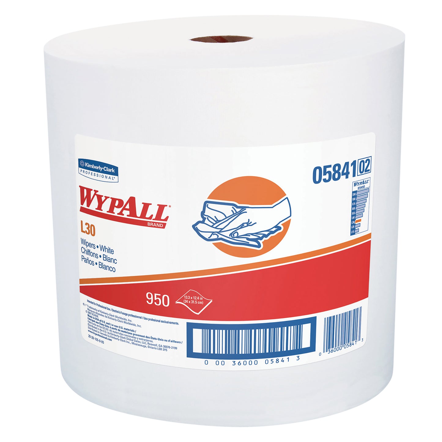 WypAll L30 Wipers, Jumbo Roll White 12.4" x 13.3" 875 Wipers/Roll