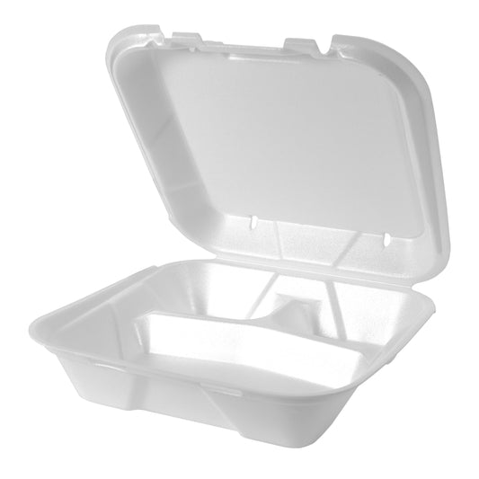 Vented 3-Comp Hinged Container 9-3/16"x9-9/16"x2-21/32" White Foam