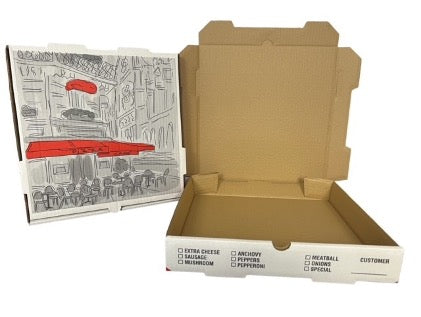 10x10x2 White Print Pizza Cafe Box White / Kraft B Flute