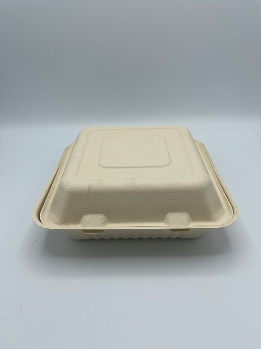 Hinged Container Molded Fiber 9"x9"x3" Natural White PFAS Free