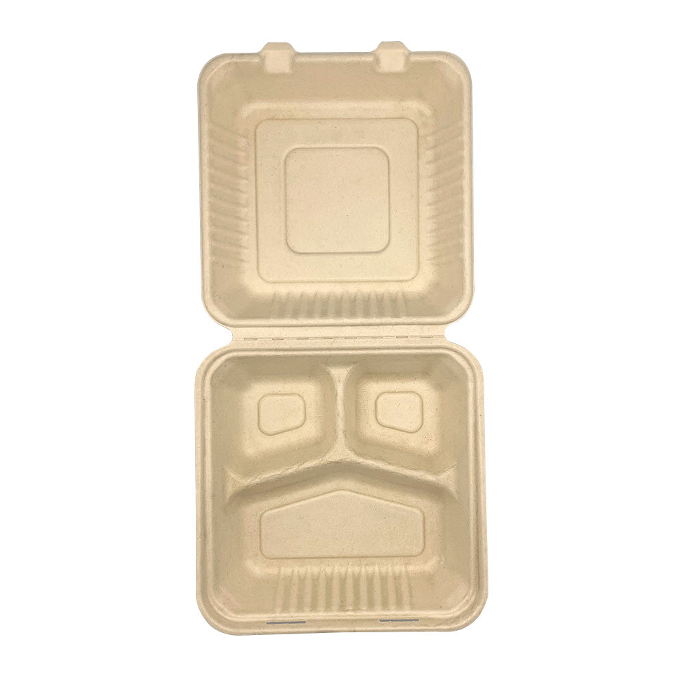 Hinged Container Molded Fiber Deep 9"x9"x3" Natural White 3C PFAS Free