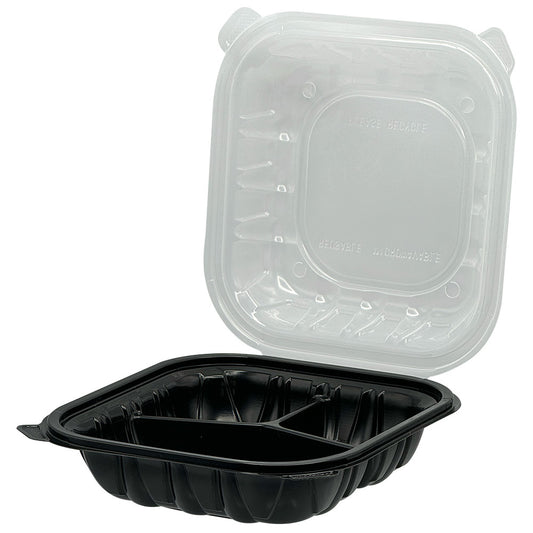 PP Hinged Container Black/Clear Lid 10.25" x 9" x 3" , 3 Comp , Vented