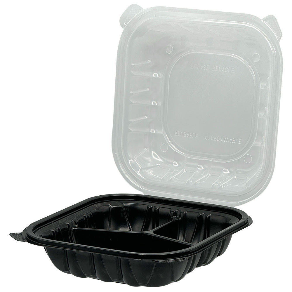 PP Hinged Container Black/Clear Lid 8" x 8" x 3" , 3 Comp , Vented