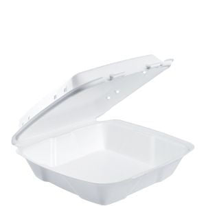 Performer Foam Hinged Lid Container White 9.4" x 9" x 3" 1 Compartment