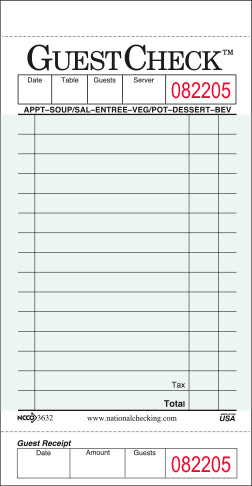 Single Copy Cardboard Guest Check 3.5" x 6.75" Green Bulk Pack Medium